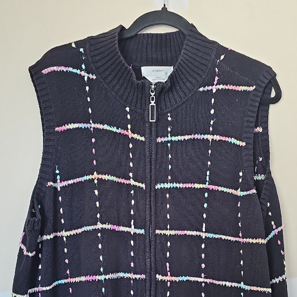 Women's Black Sweater Vest with Multicolor Accents